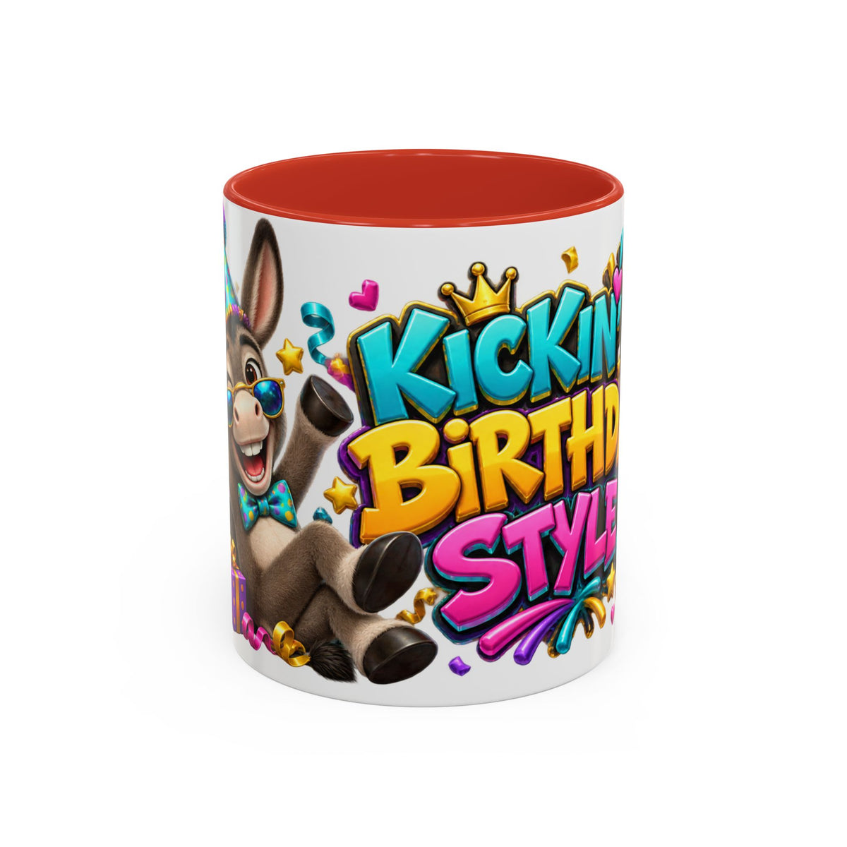 Kickin’ It Birthday Style Donkey White Mug – Funny Happy Birthday Party Cup, Cute Colorful Gift