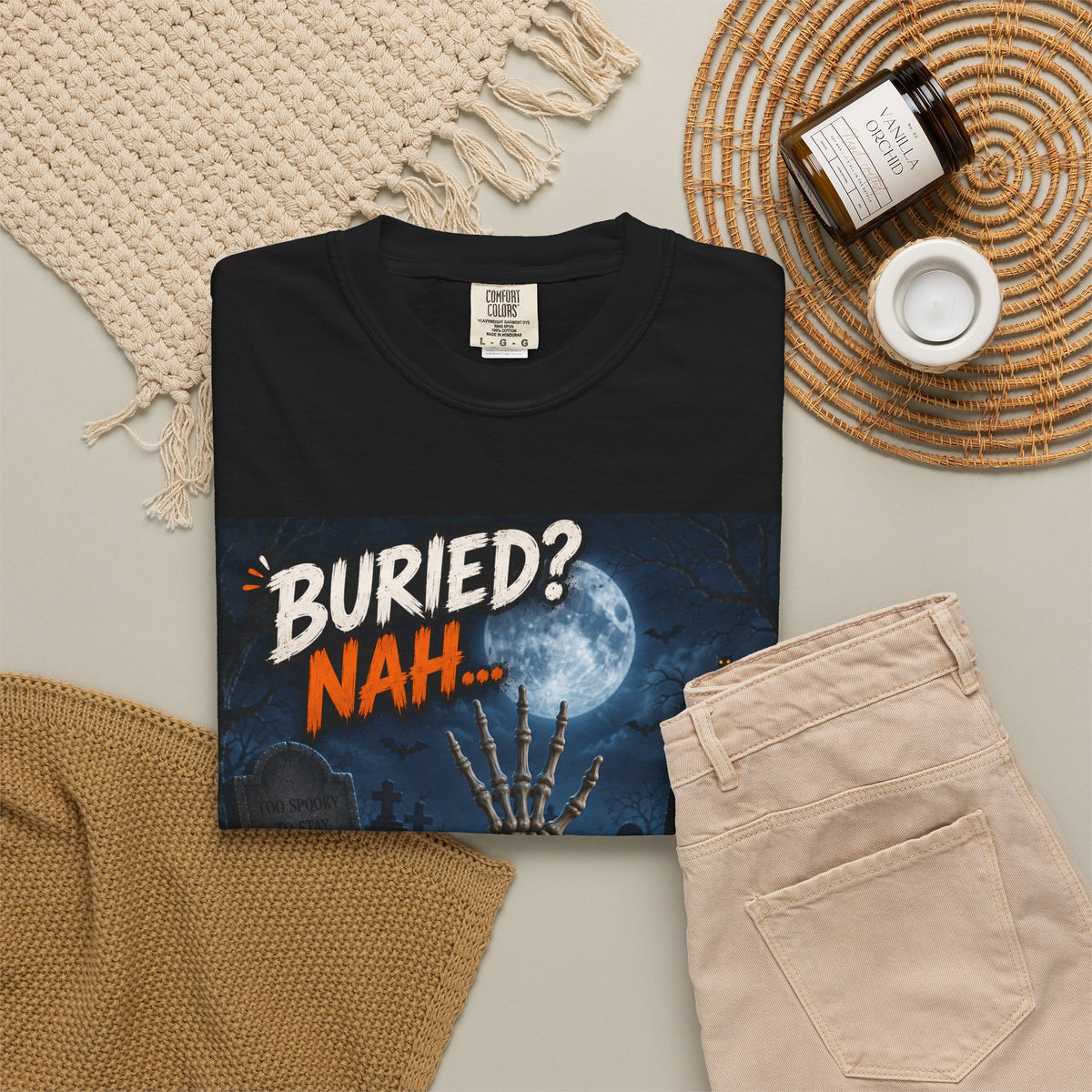 Halloween T-Shirt — "Buried? Nah... I Have Plans on Halloween!" Spooky Graveyard Tee