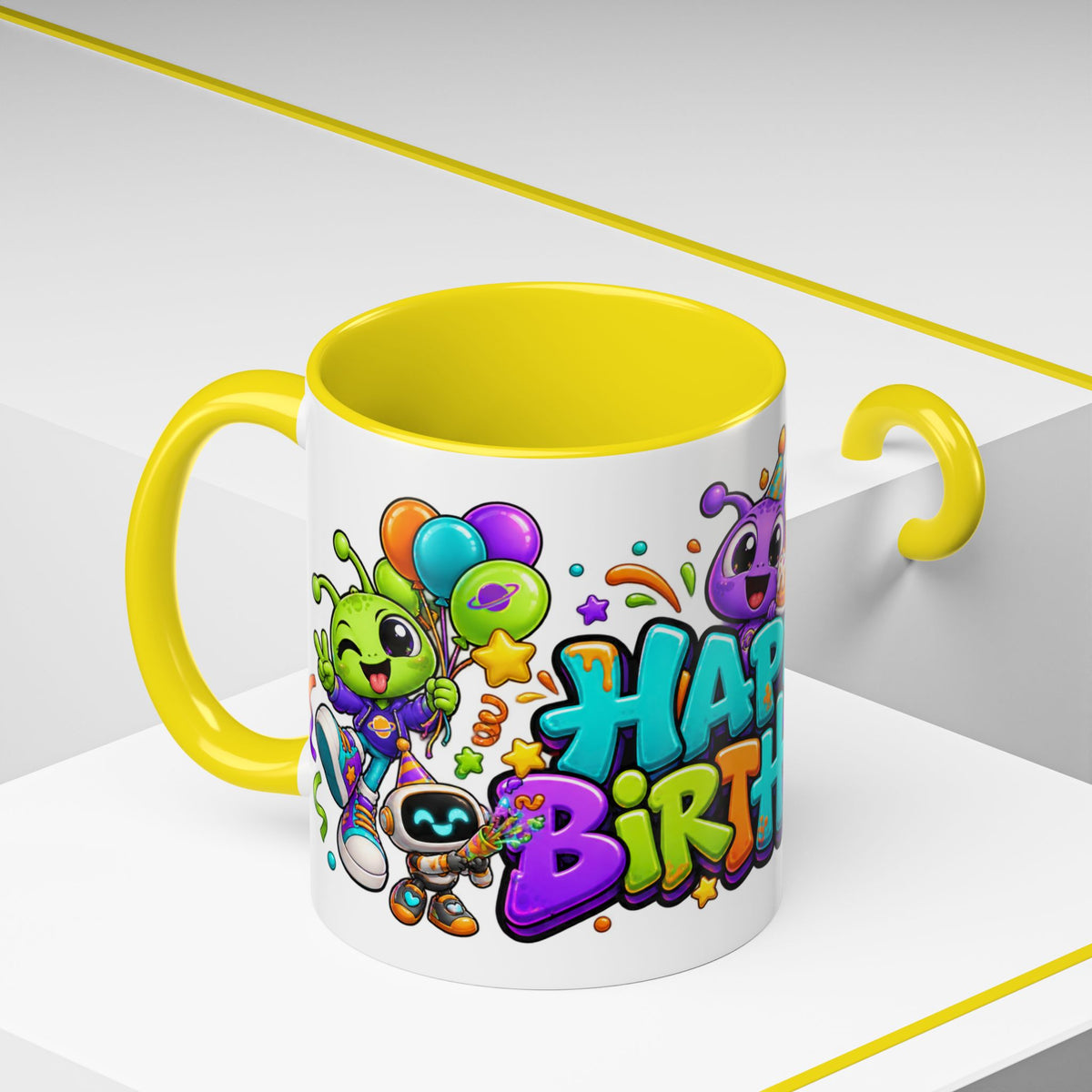 Happy Birthday Alien Mug – Colorful Space Party Cup with Cute Aliens & Robots