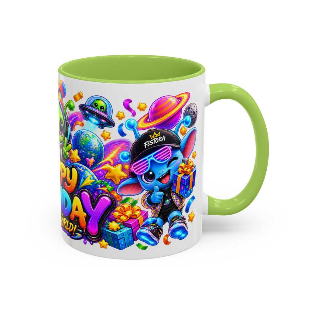 Happy Birthday Out of This World Accent Mug — Cute Alien Space Birthday Coffee Cup (11oz)