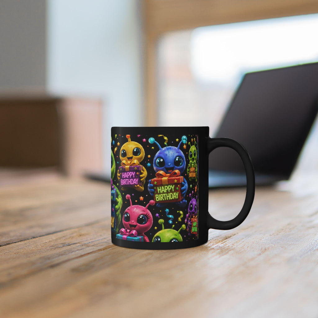 Happy Birthday Alien Mug — Cute Colorful Black Birthday Coffee Cup