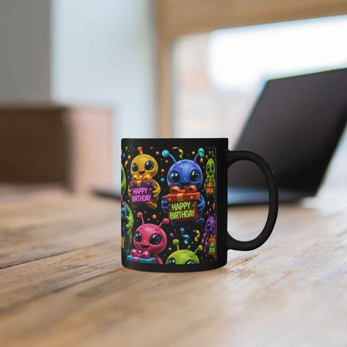 Happy Birthday Alien Mug — Cute Colorful Black Birthday Coffee Cup