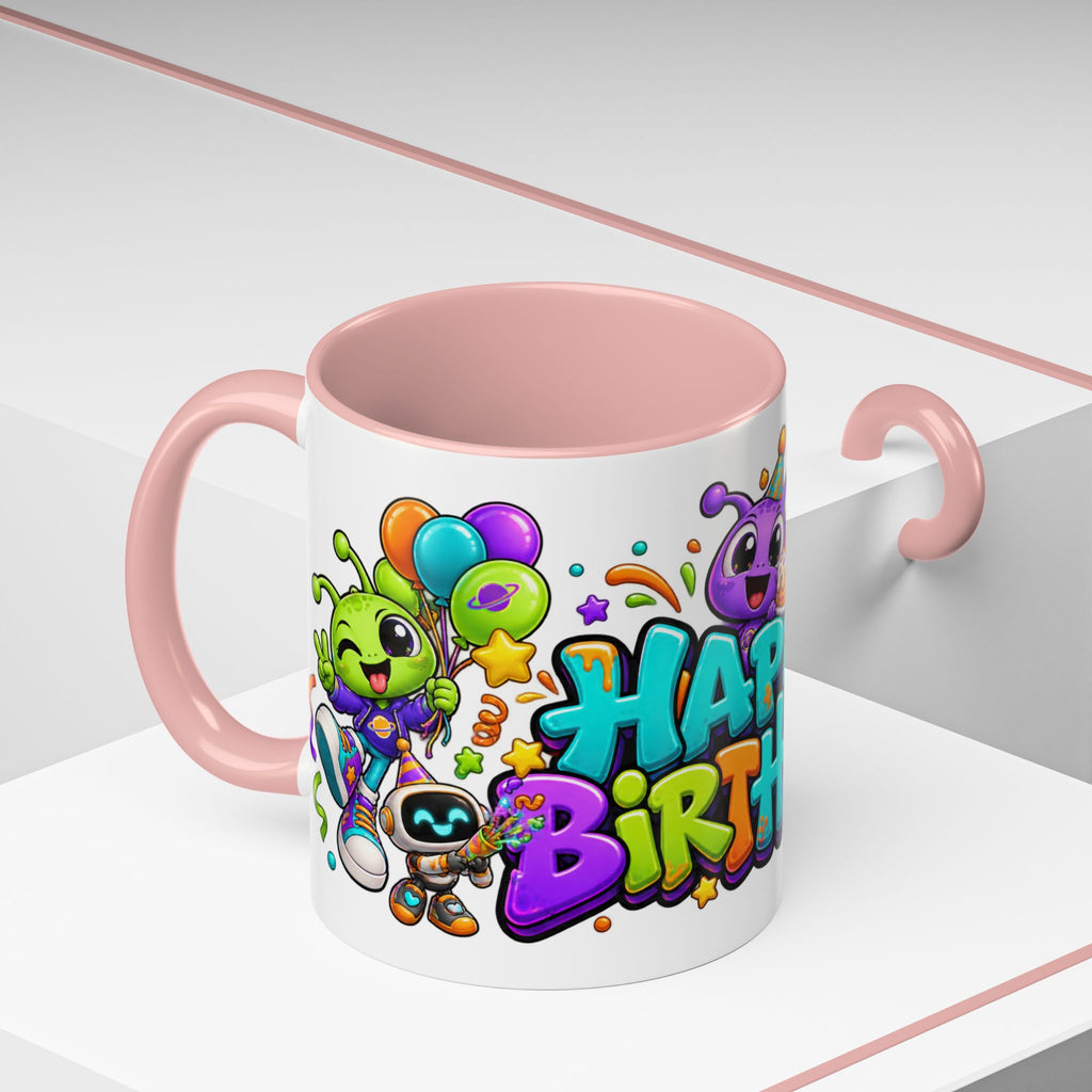 Happy Birthday Alien Mug – Colorful Space Party Cup with Cute Aliens & Robots