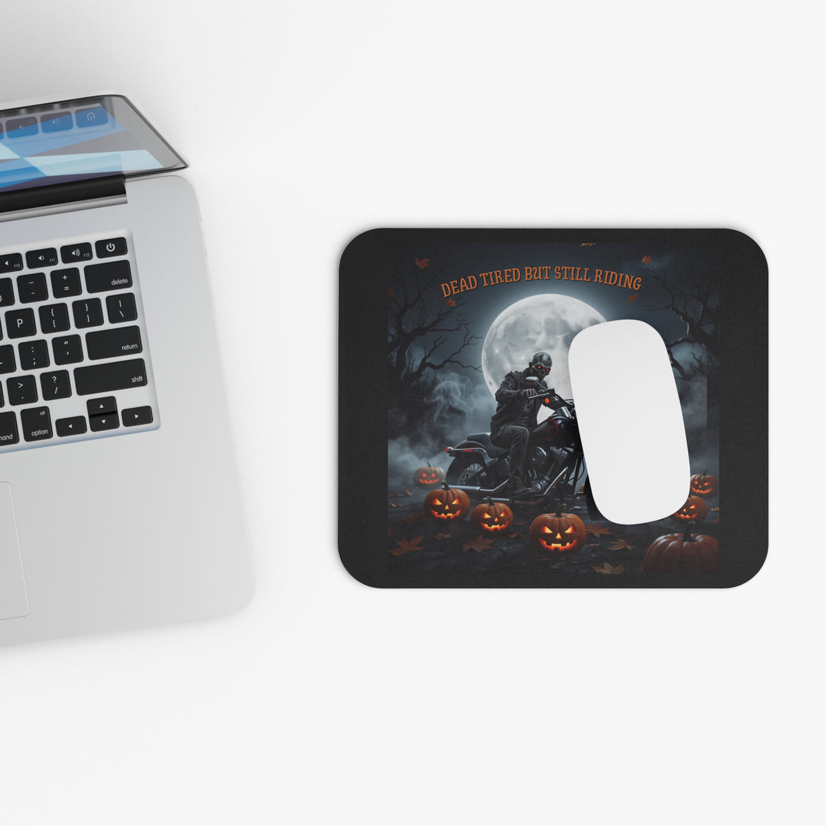 Halloween Motorcycle Mouse Pad — "Dead Tired But Still Riding" Rider Desk Mat