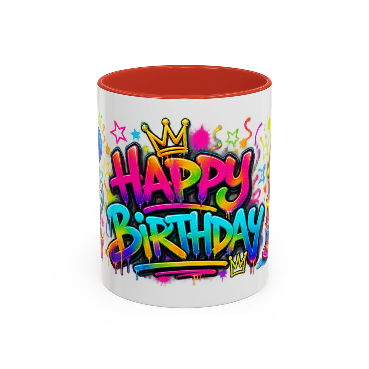 Happy Birthday Accent Coffee Mug – Colorful Graffiti Cake & Balloons (11/15oz)