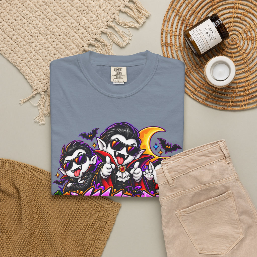 Neon Vampire Vibes Halloween Unisex Garment-Dyed T-Shirt Featuring a Cool Festora Vampire Crew