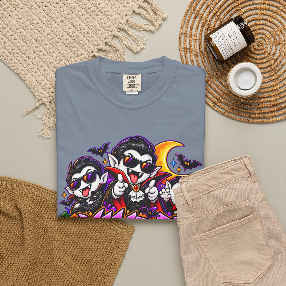 Neon Vampire Vibes Halloween Unisex Garment-Dyed T-Shirt Featuring a Cool Festora Vampire Crew