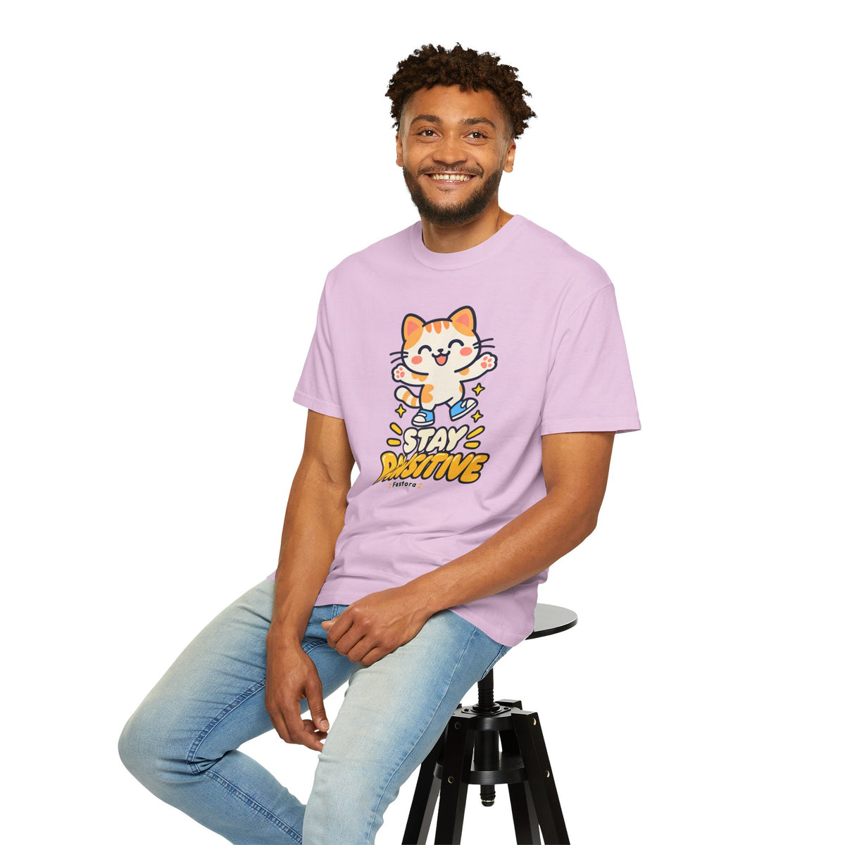 Stay Pawsitive – Cute Happy Cat Graphic T-Shirt