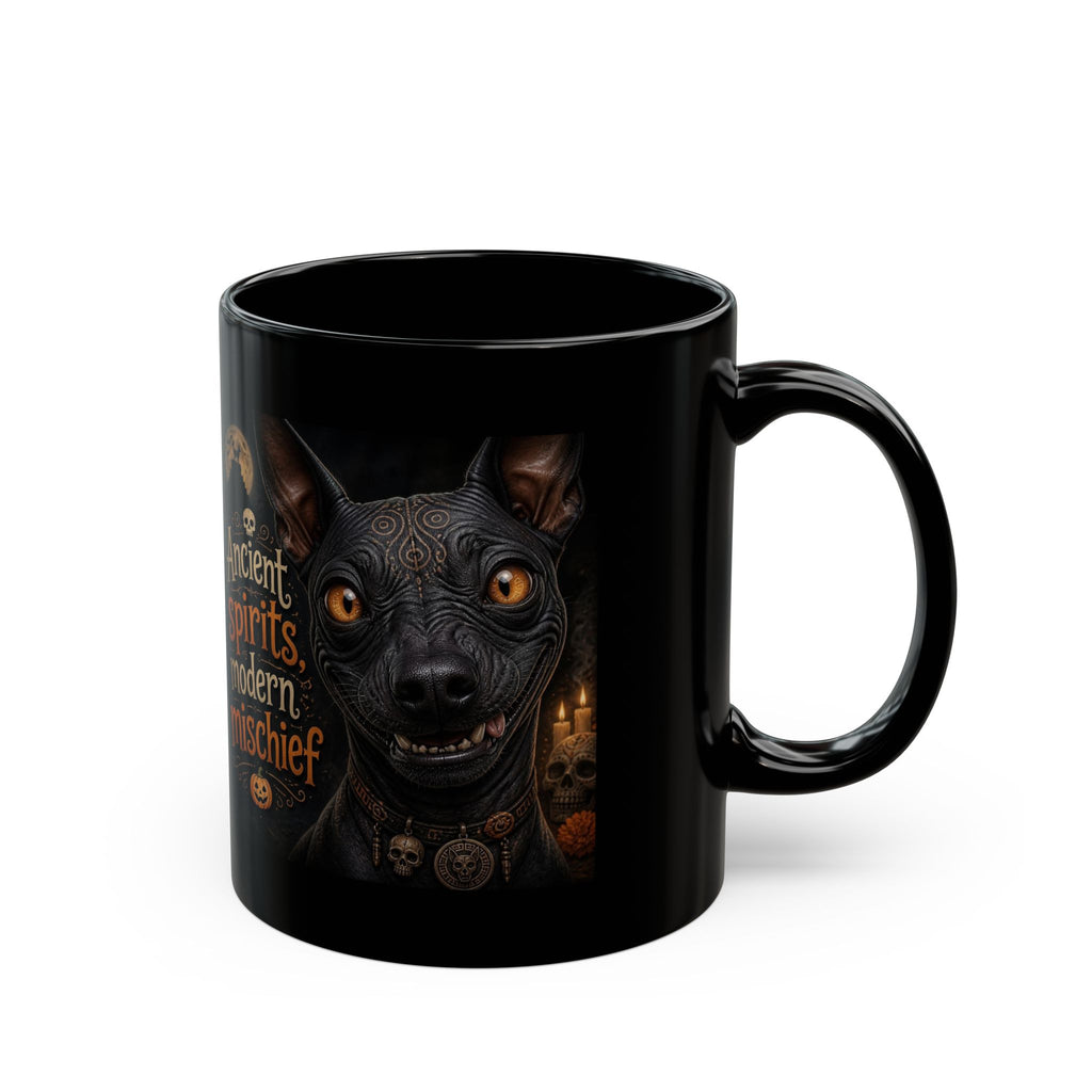 Ancient Spirits, Modern Mischief Black Mug — Halloween Cat Skull Design (11oz/15oz)