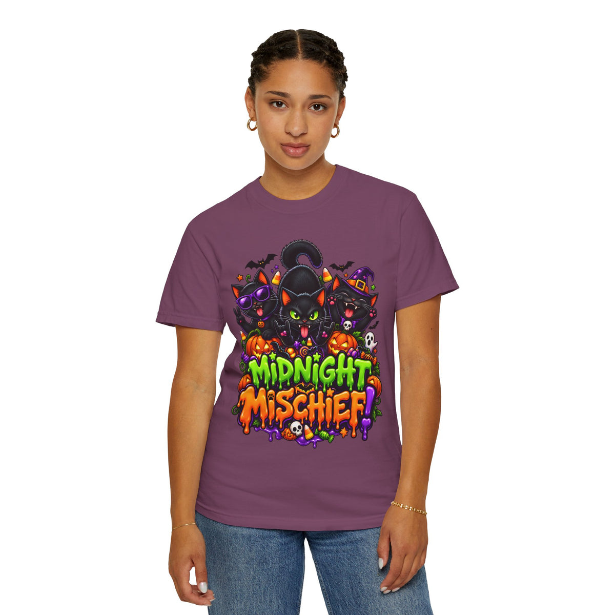Midnight Mischief Halloween T-Shirt – Funny Black Cat Graphic Tee