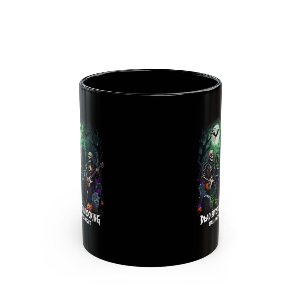Dead But Still Rocking Halloween Mug — Spooky Skeleton Band Black Coffee Cup