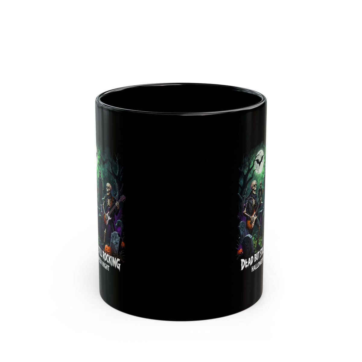 Dead But Still Rocking Halloween Mug — Spooky Skeleton Band Black Coffee Cup