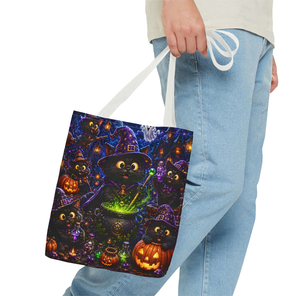 Halloween Black Cat Witches Tote Bag — Cute 3D Cats, Cauldron & Pumpkins Design