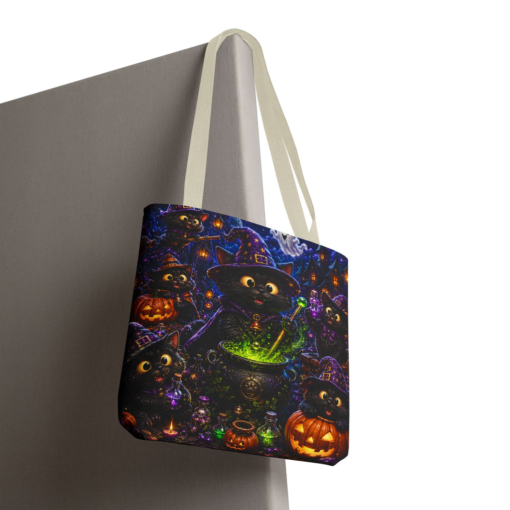 Halloween Black Cat Witches Tote Bag — Cute 3D Cats, Cauldron & Pumpkins Design