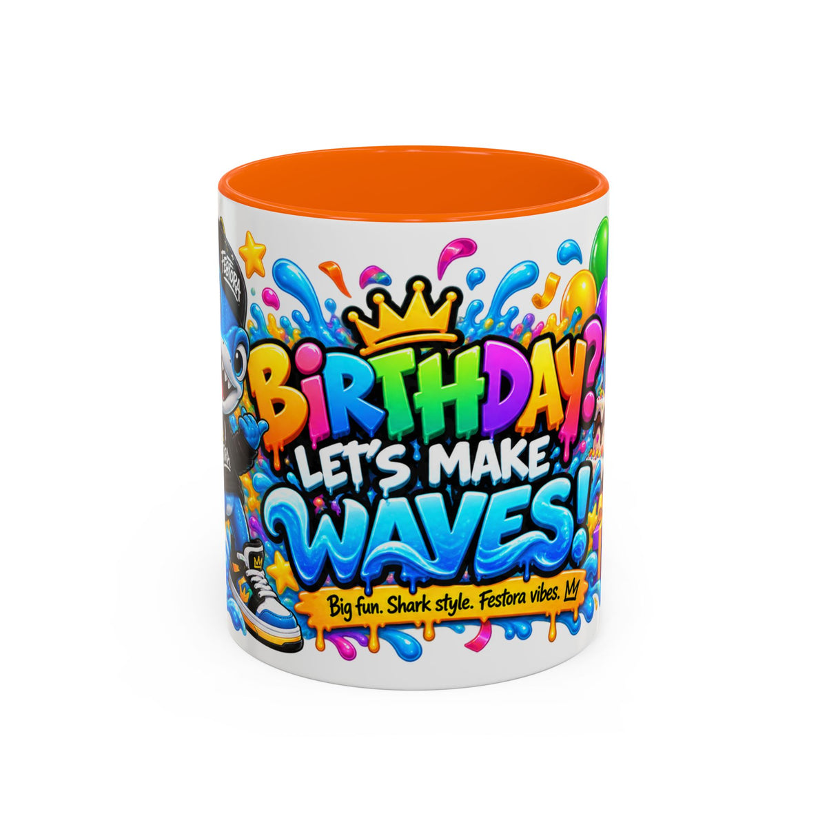 BIRTHDAY? LET’S MAKE WAVES! White Ceramic Mug – Funny Shark Birthday Coffee Cup – Original FestoraShop Design