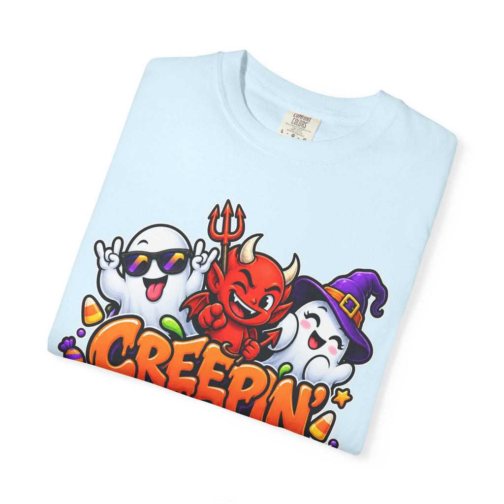 Creepin’ With My Crew Halloween T-Shirt – Colorful Funny Ghost & Devil Graphic Tee