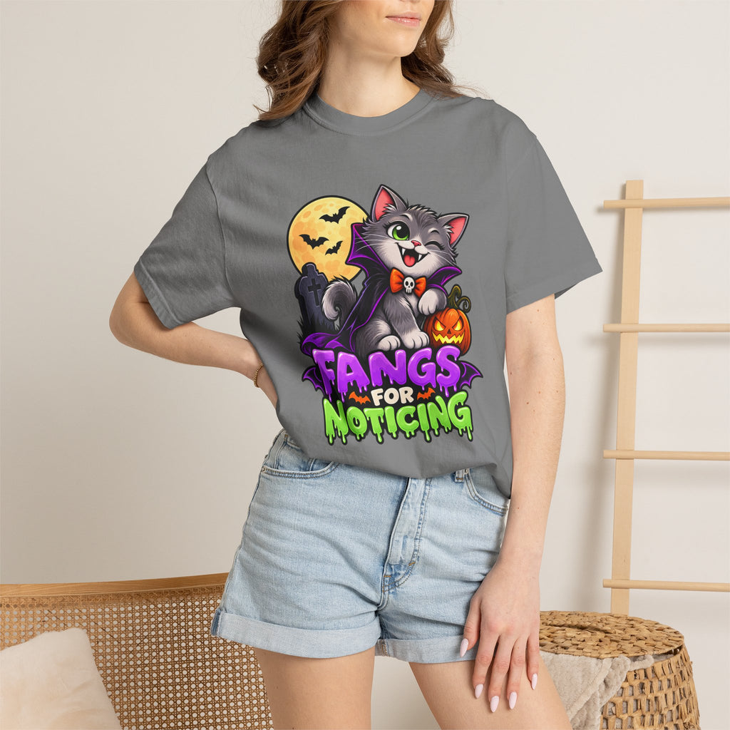 Fangs for Noticing – Cute Vampire Cat Halloween T-Shirt