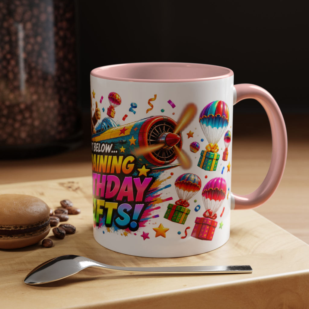 Birthday Gifts Coffee Mug — "It's Raining Birthday Gifts!" Colorful Accent Mug