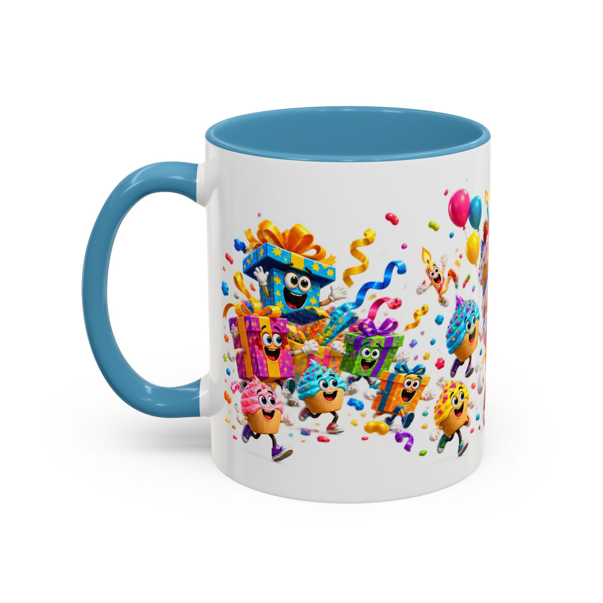 Birthday Party Coffee Mug – Colorful Happy Birthday Cake & Balloon Design (11/15oz Accent Mug)