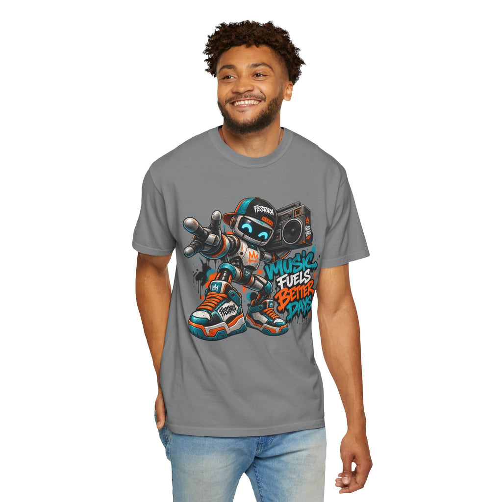 Music Fuels Better Days T-Shirt — Retro Robot Boombox Streetwear