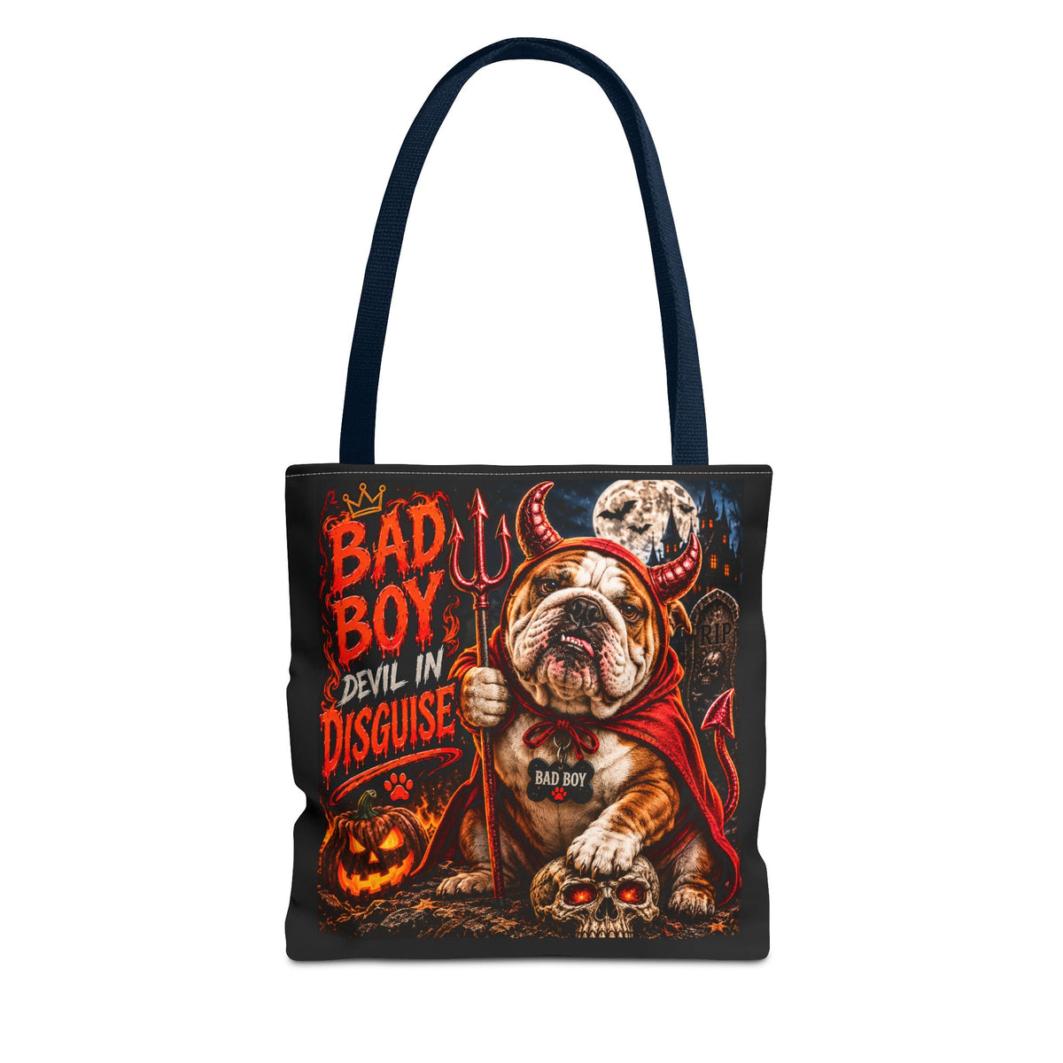 Halloween Bulldog Tote Bag – "Bad Boy Devil in Disguise" Gothic Pumpkin Skull Design