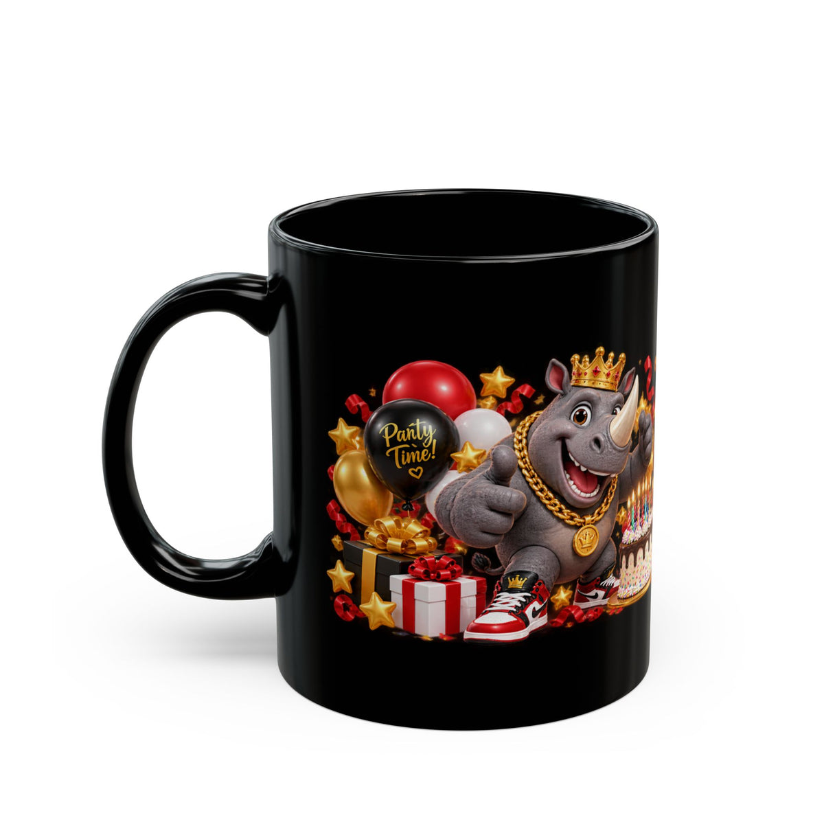 Happy Birthday Rhino Mug – Bold 3D Birthday Design – Black Coffee Mug