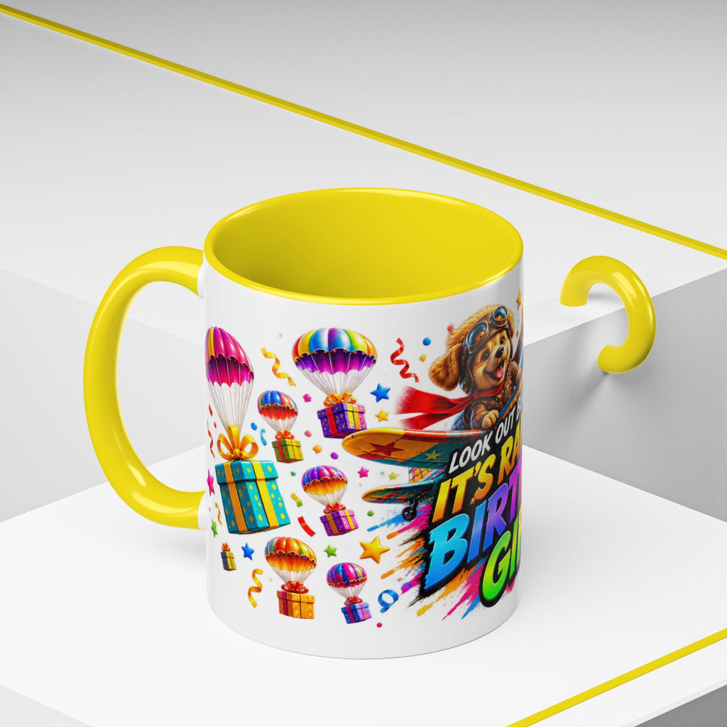 Birthday Gifts Coffee Mug — "It's Raining Birthday Gifts!" Colorful Accent Mug