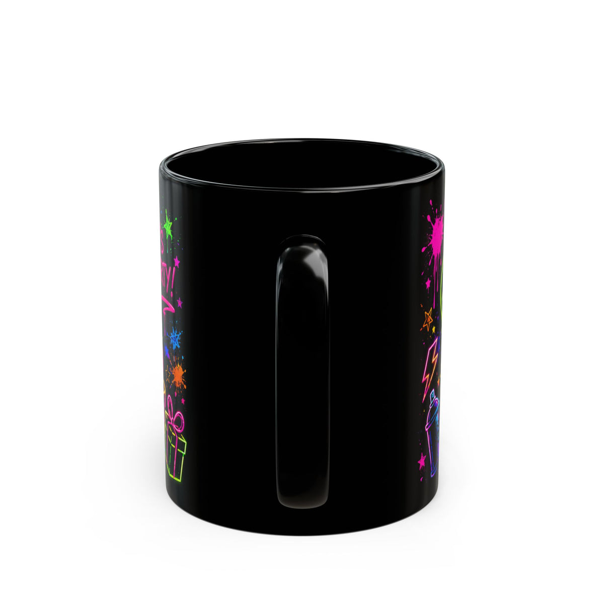 Happy Birthday Neon Graffiti Mug — Colorful Black Birthday Coffee Cup