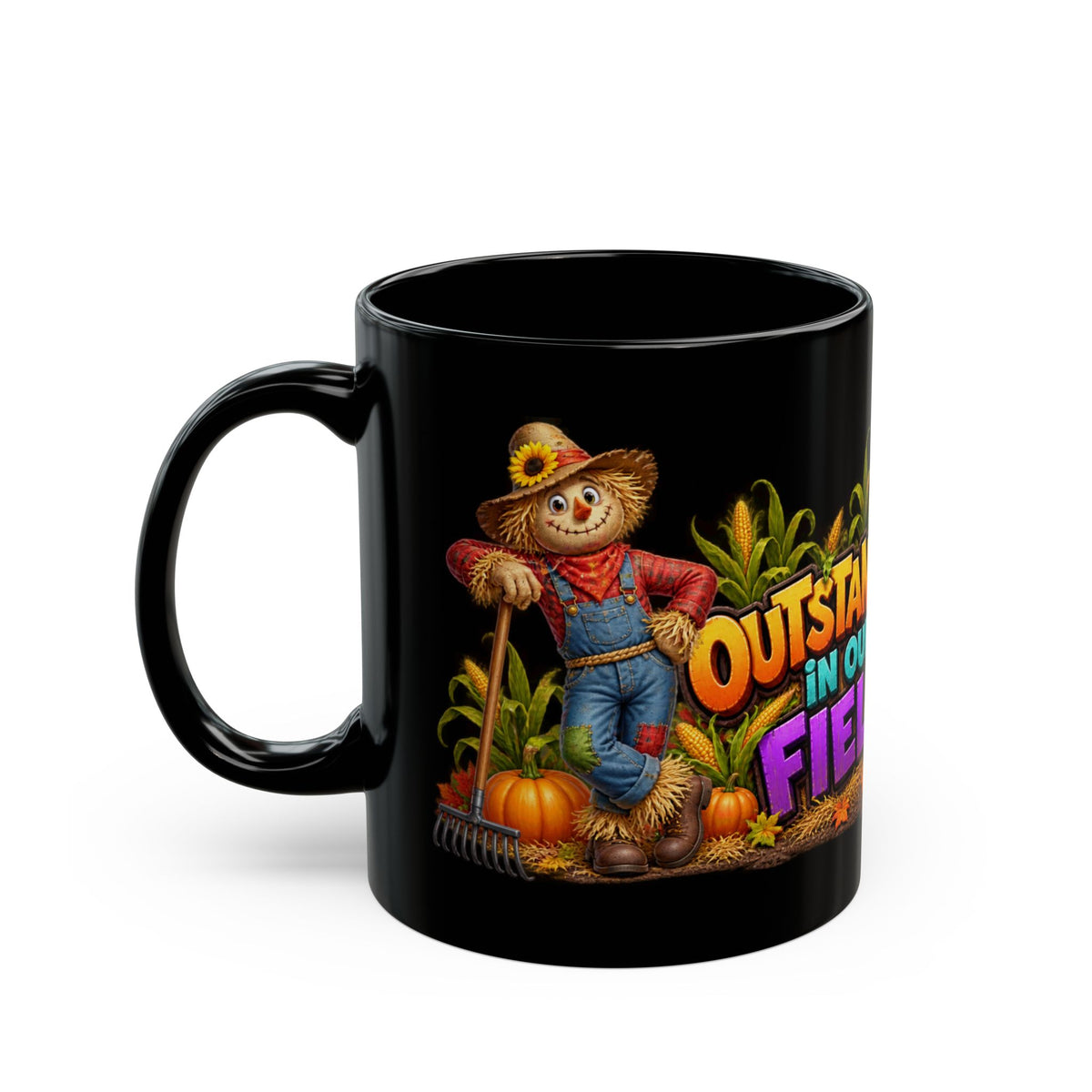 Outstanding in Our Field Halloween Mug – Fall Scarecrow Pumpkin Coffee Cup (11oz/15oz)