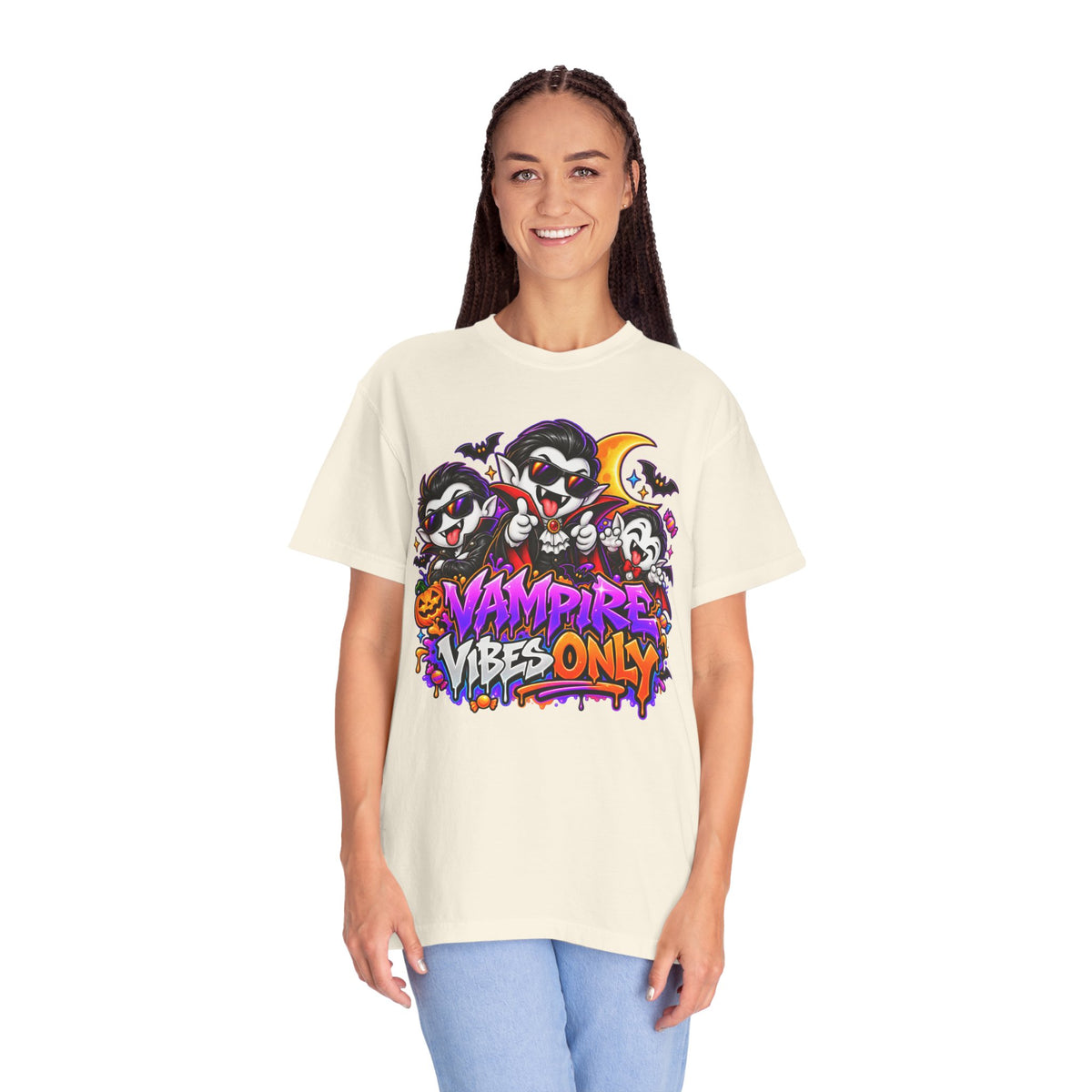Neon Vampire Vibes Halloween Unisex Garment-Dyed T-Shirt Featuring a Cool Festora Vampire Crew