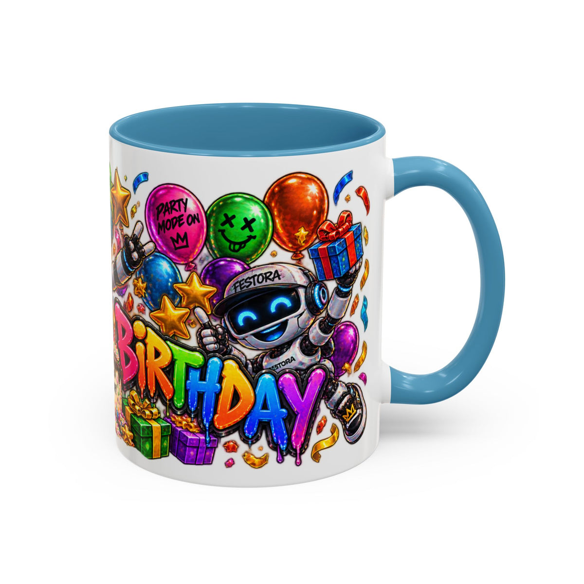 Birthday Robot Coffee Mug — Colorful Happy Birthday Accent Mug (11oz)
