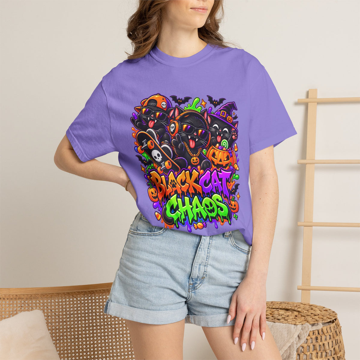 Neon Black Cat Halloween Chaos T-Shirt | Cute Spooky Cat Graphic Tee