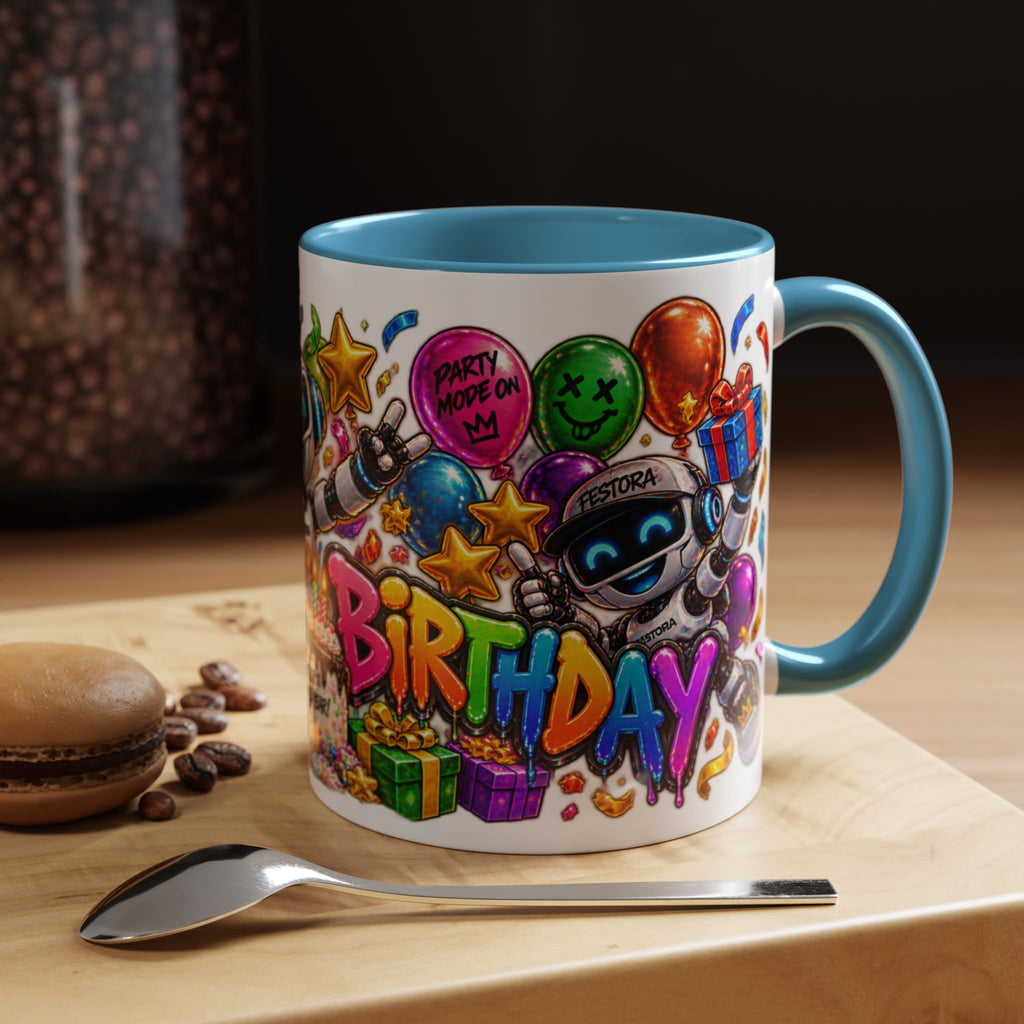 Birthday Robot Coffee Mug — Colorful Happy Birthday Accent Mug (11oz)