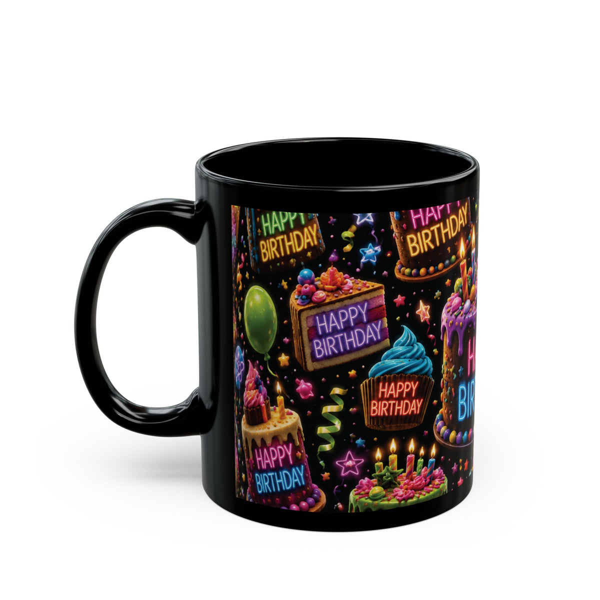 Happy Birthday Neon Cake Black Mug — Colorful Party Coffee Cup (11oz/15oz)
