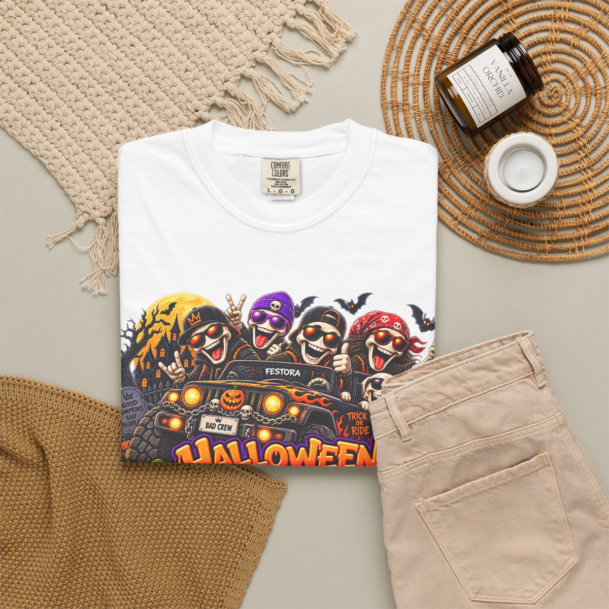 Halloween Crew T-Shirt – Skeleton Jeep Spooky Graphic Tee