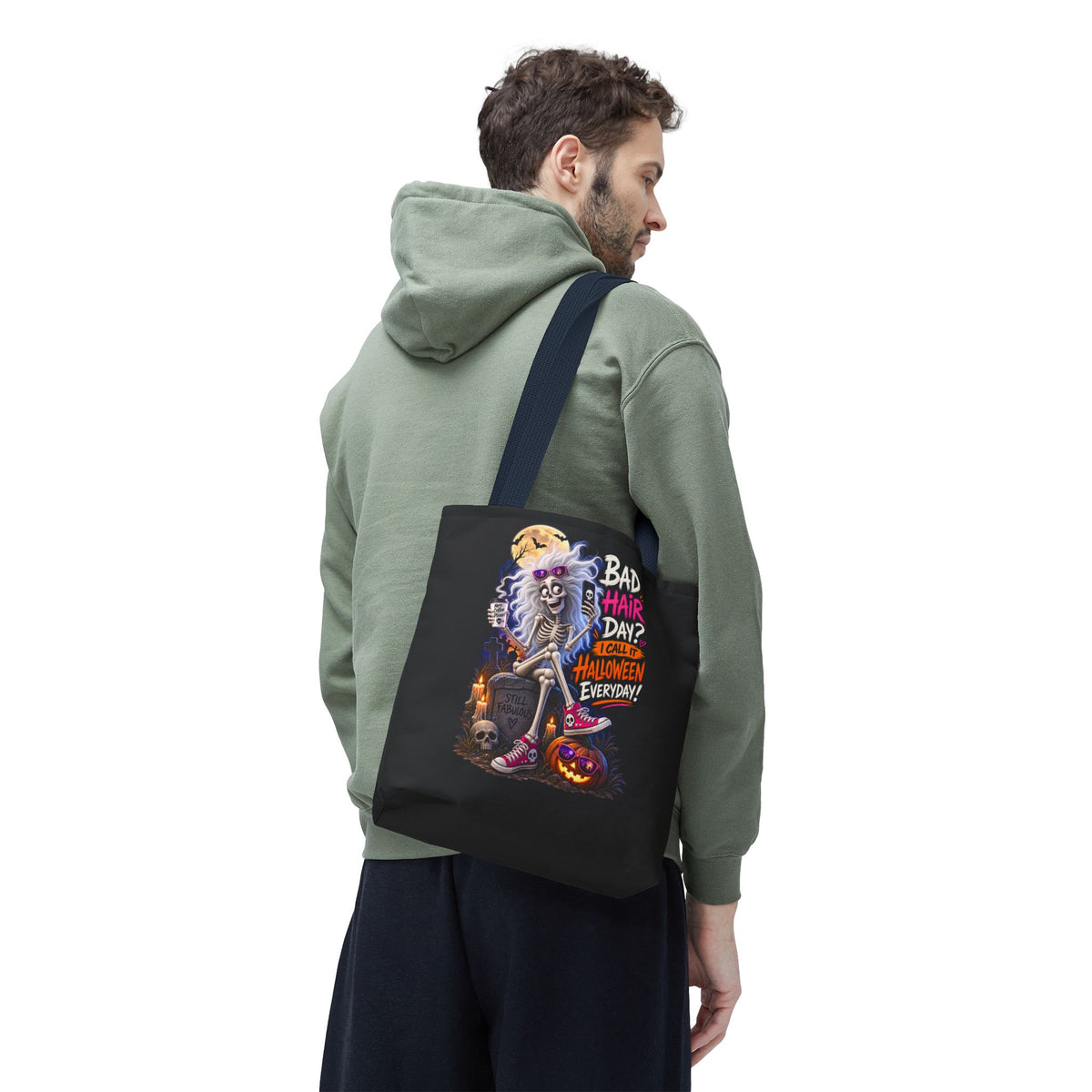 Halloween Skeleton Tote Bag — "Bad Hair Day? I Call It Halloween Everyday" Graphic