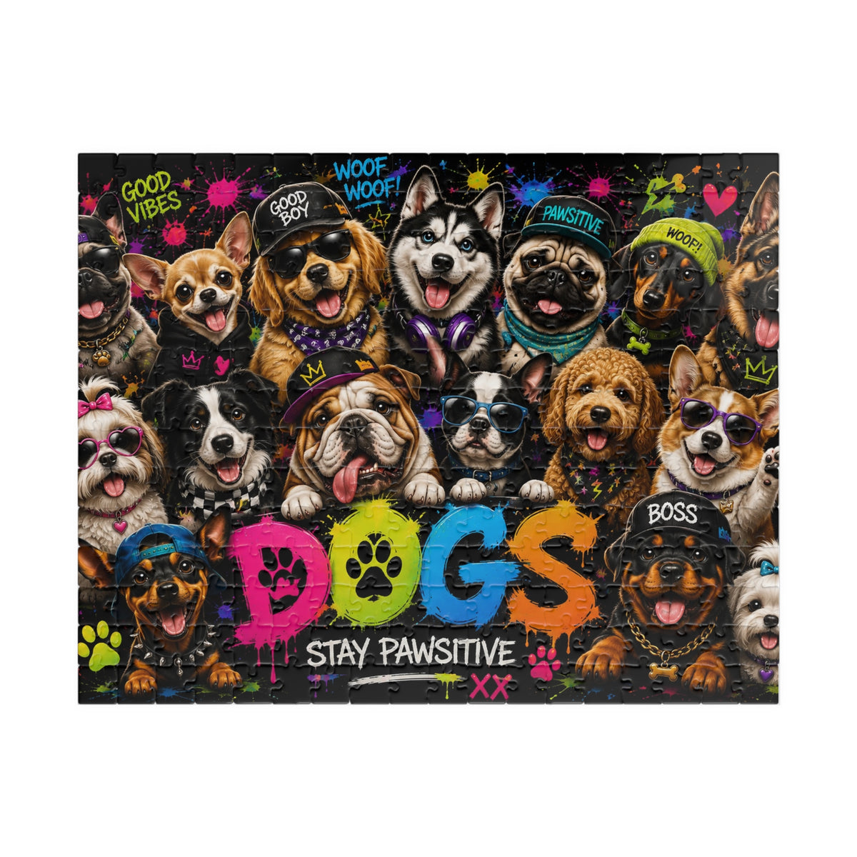 Dog Collage Puzzle — “Dogs Stay Pawsitive” Colorful 110/252-Piece Jigsaw