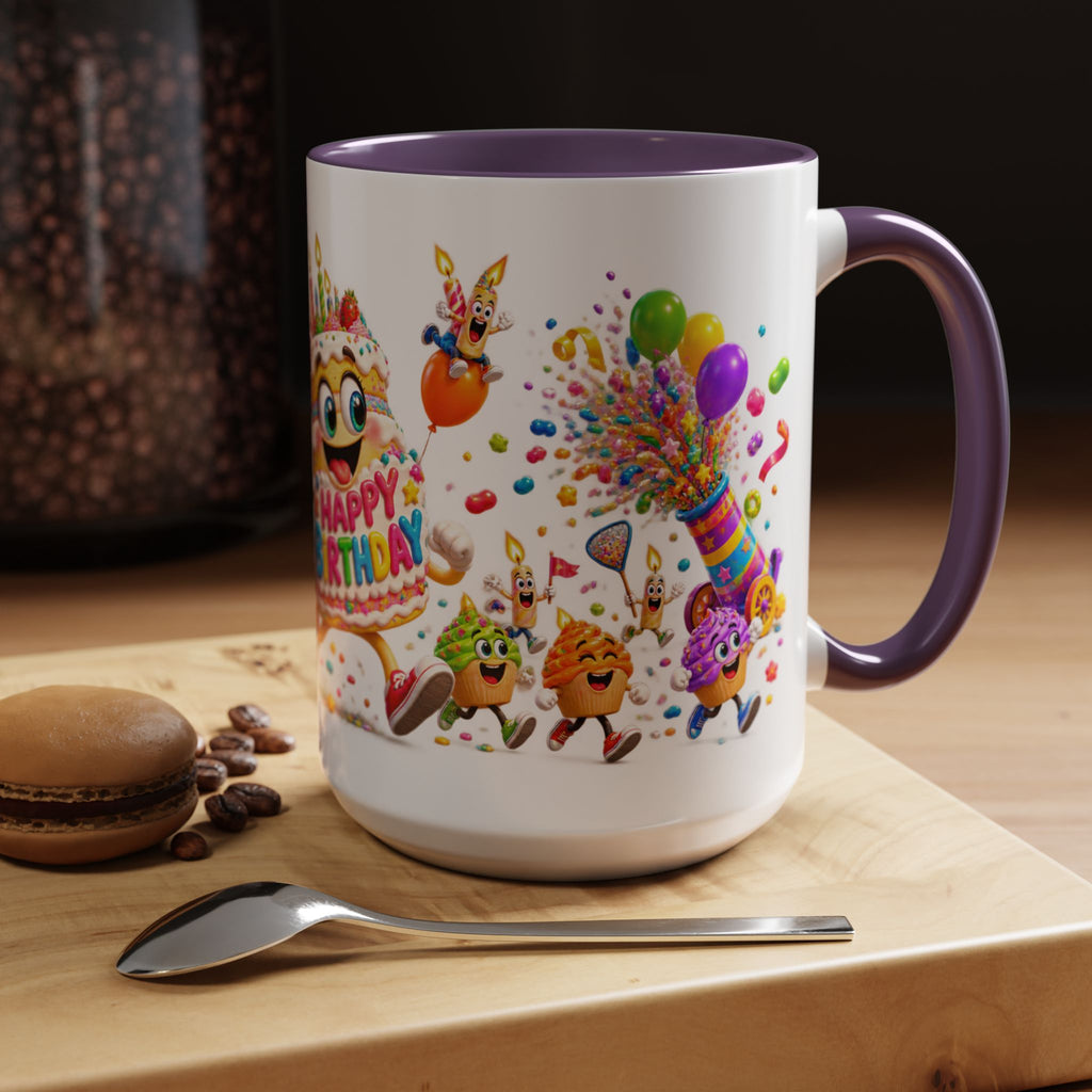 Birthday Party Coffee Mug – Colorful Happy Birthday Cake & Balloon Design (11/15oz Accent Mug)