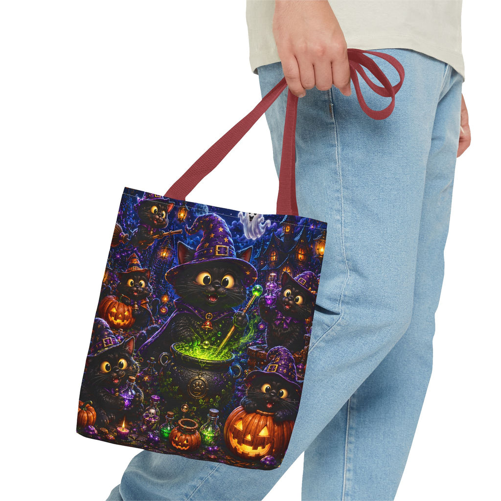 Halloween Black Cat Witches Tote Bag — Cute 3D Cats, Cauldron & Pumpkins Design