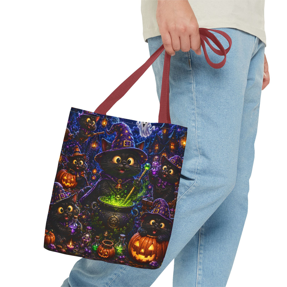 Halloween Black Cat Witches Tote Bag — Cute 3D Cats, Cauldron & Pumpkins Design