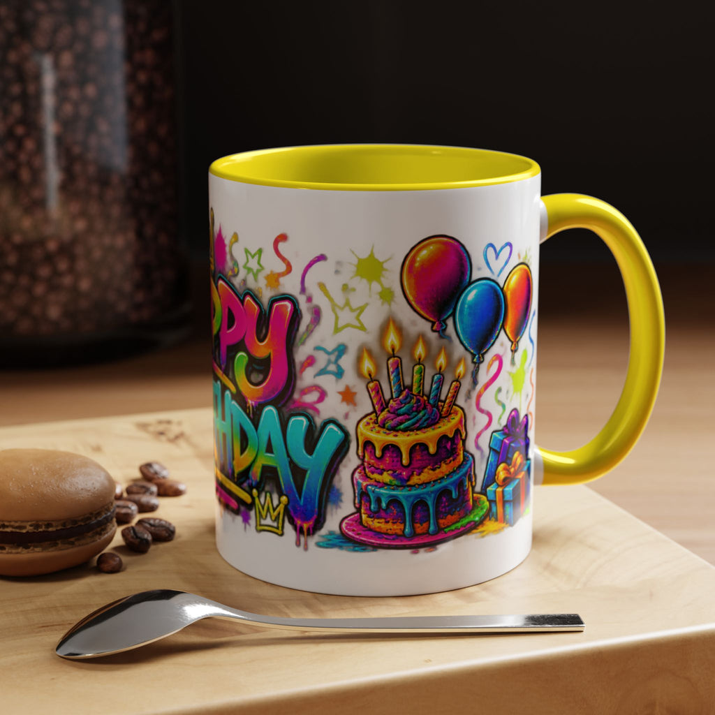 Happy Birthday Accent Coffee Mug – Colorful Graffiti Cake & Balloons (11/15oz)