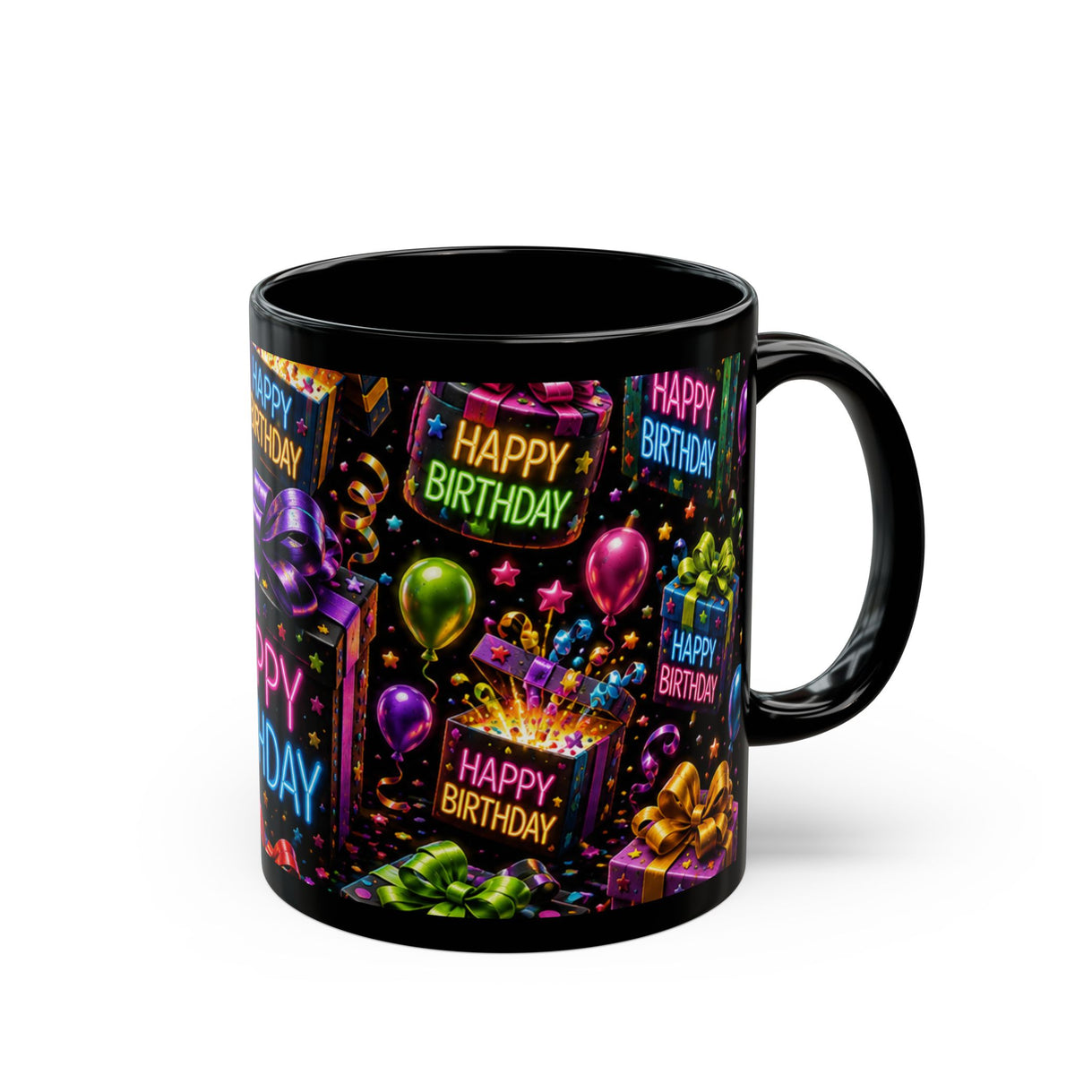 Happy Birthday Gift & Balloons Black Mug — Colorful Celebration Coffee Cup
