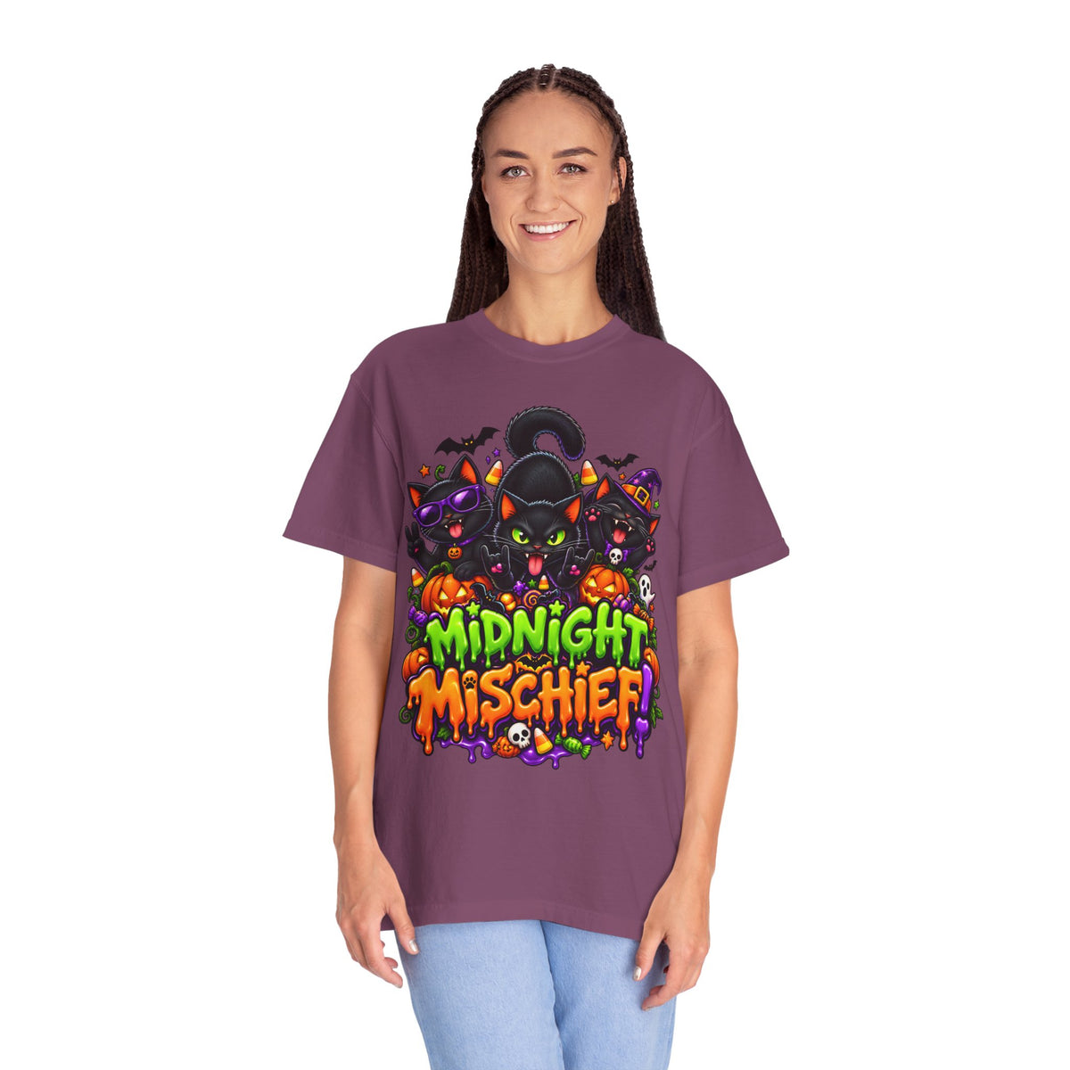 Midnight Mischief Halloween T-Shirt – Funny Black Cat Graphic Tee