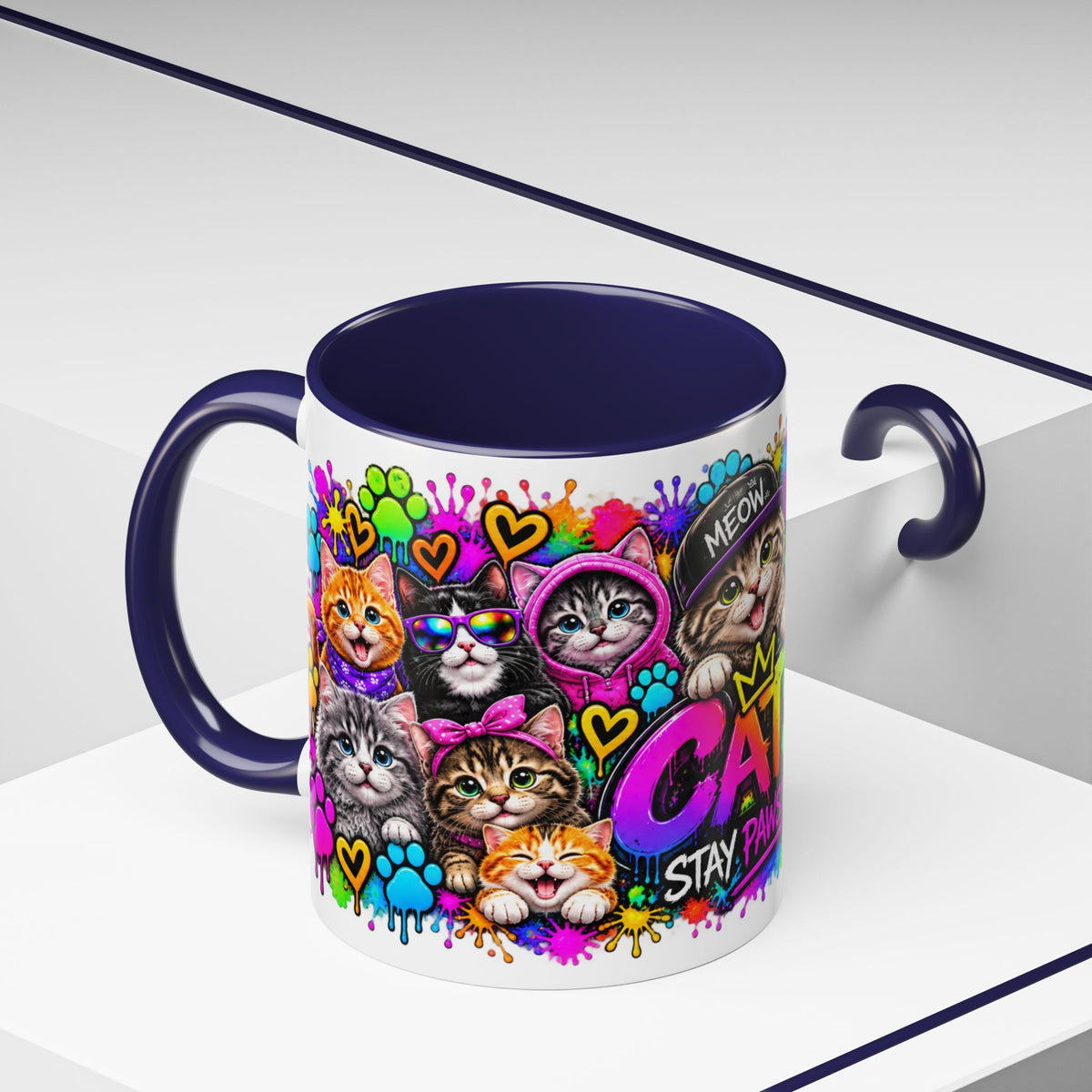 Cats Stay Pawsitive Accent Coffee Mug – Colorful Cute Cat Paw Print Design (11oz)