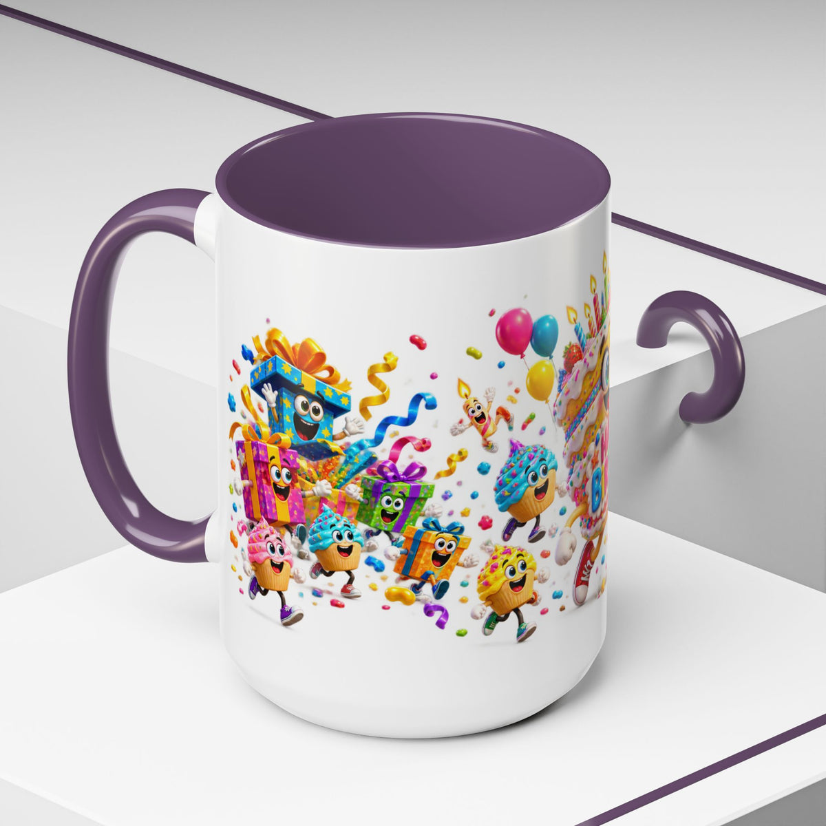 Birthday Party Coffee Mug – Colorful Happy Birthday Cake & Balloon Design (11/15oz Accent Mug)