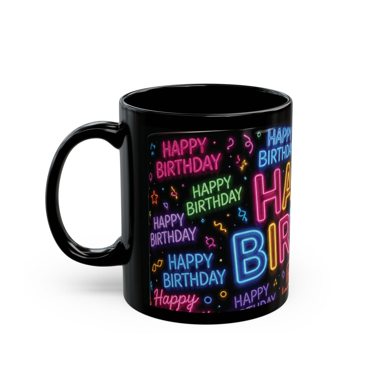 Happy Birthday Neon Typography Mug — Colorful Black Celebration Cup