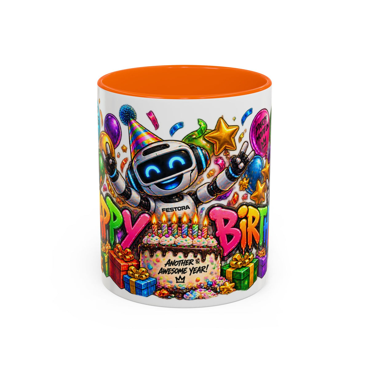 Birthday Robot Coffee Mug — Colorful Happy Birthday Accent Mug (11oz)
