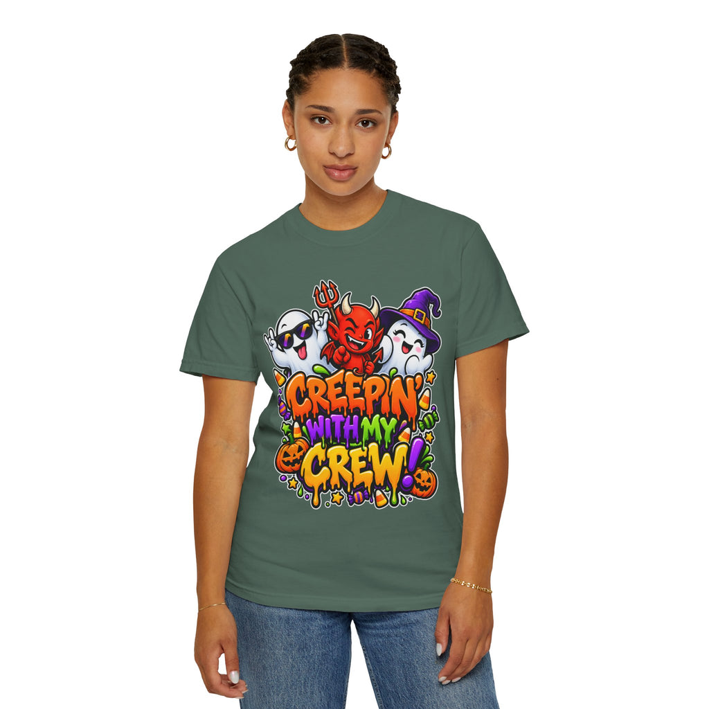 Creepin’ With My Crew Halloween T-Shirt – Colorful Funny Ghost & Devil Graphic Tee