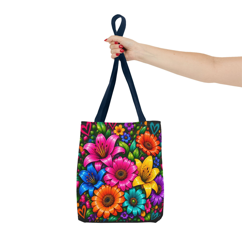 Festora Floral Burst Tote Bag — Colorful Flowers on Black