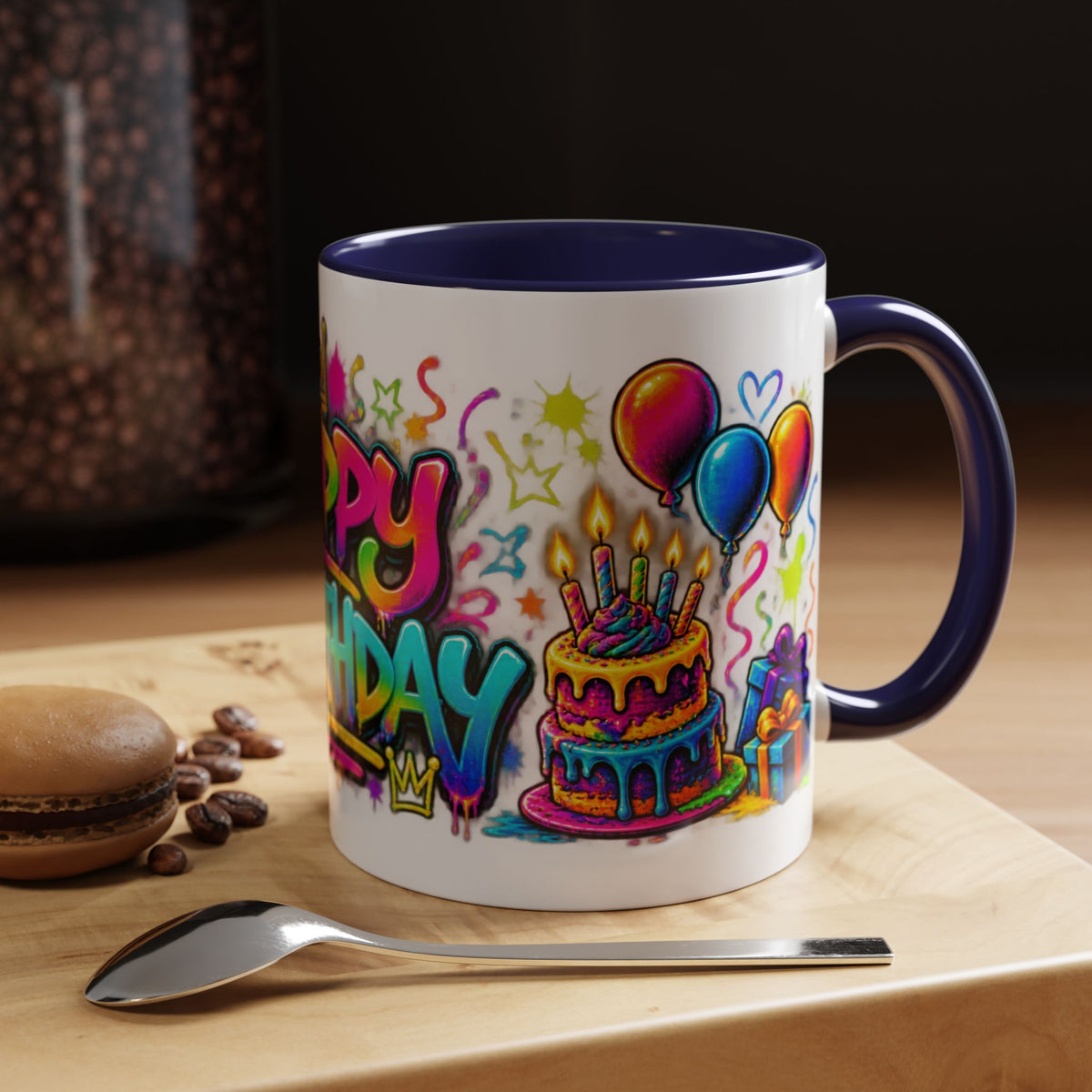 Happy Birthday Accent Coffee Mug – Colorful Graffiti Cake & Balloons (11/15oz)